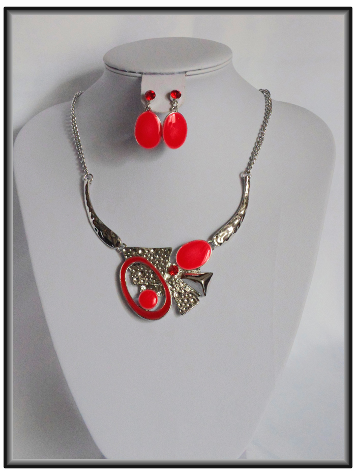 Collier fantaisie argenté et rouge